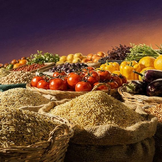 Grains, pulses, fruits and vegetables at market