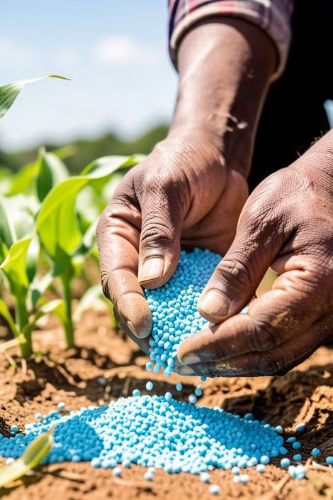 Hand spreading fertilizer granules over a crop field