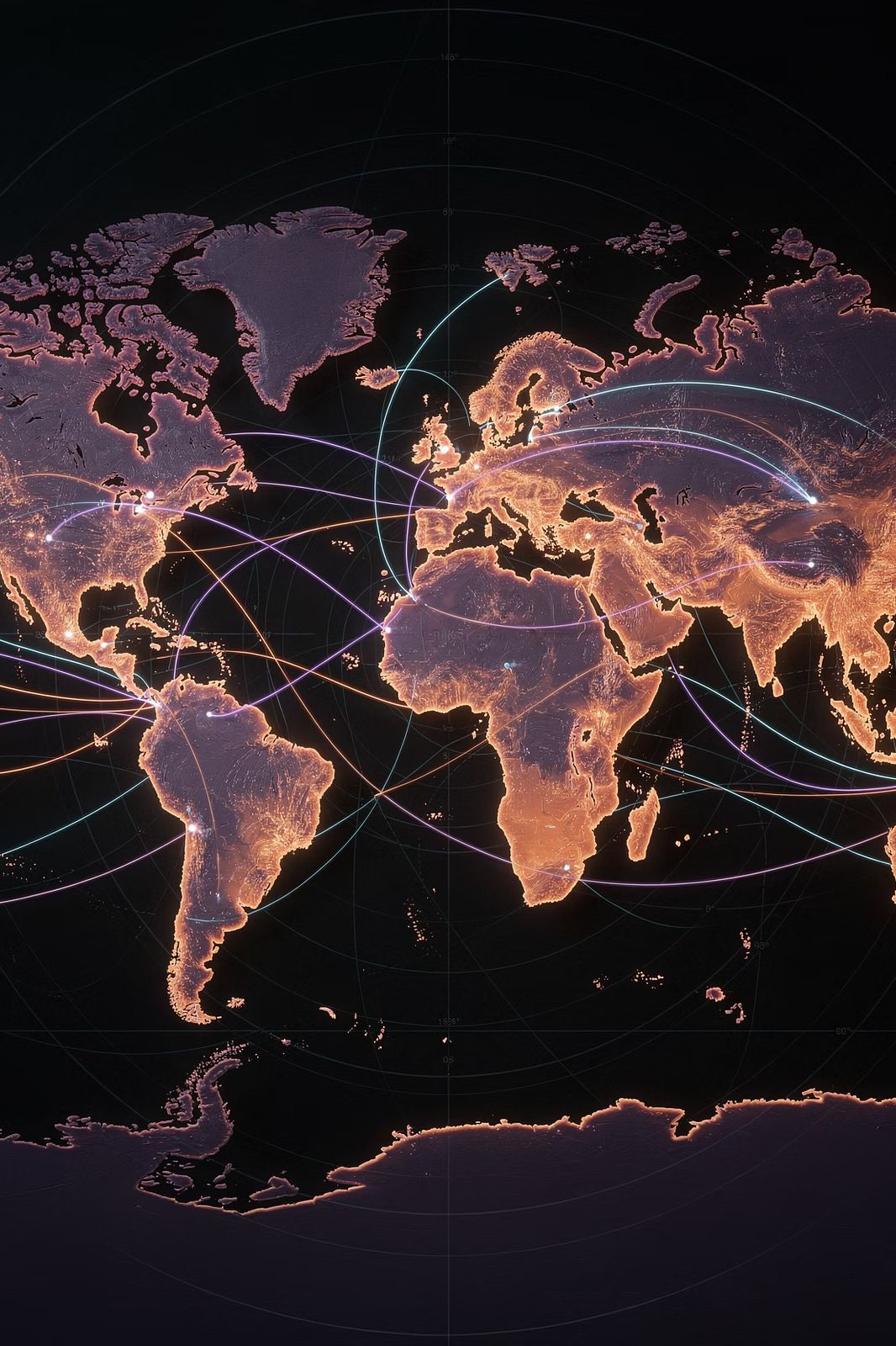 Illuminated world map showing international trade routes