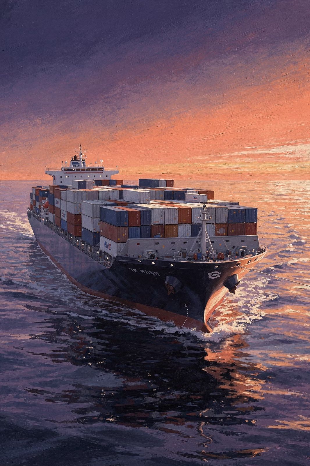 Container vessel at sea carrying global trade cargo